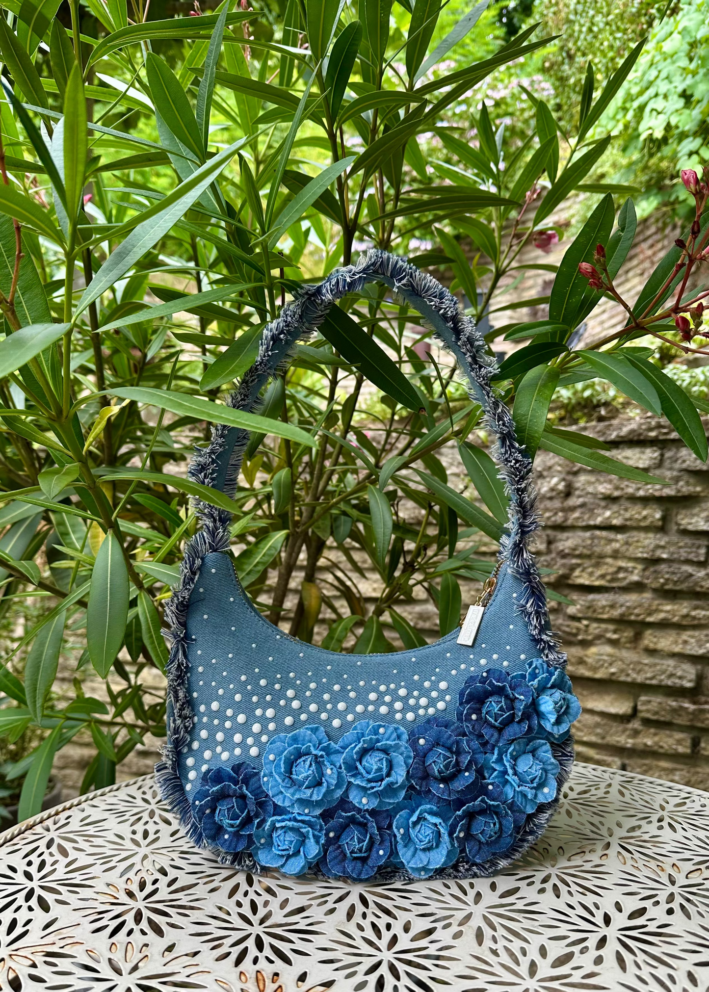 Denim Pearl Bloom Bag